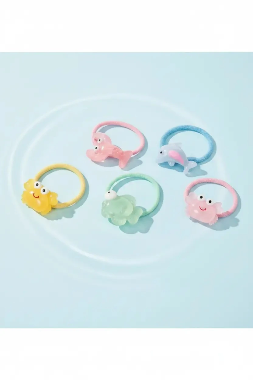 Miniso Lisanslı Okyanus Karakterli 5'li Saç Lastiği Seti - Deniz Yıldızı ve Yunus Figürlü Esnek Naylon Saç Aksesuarı