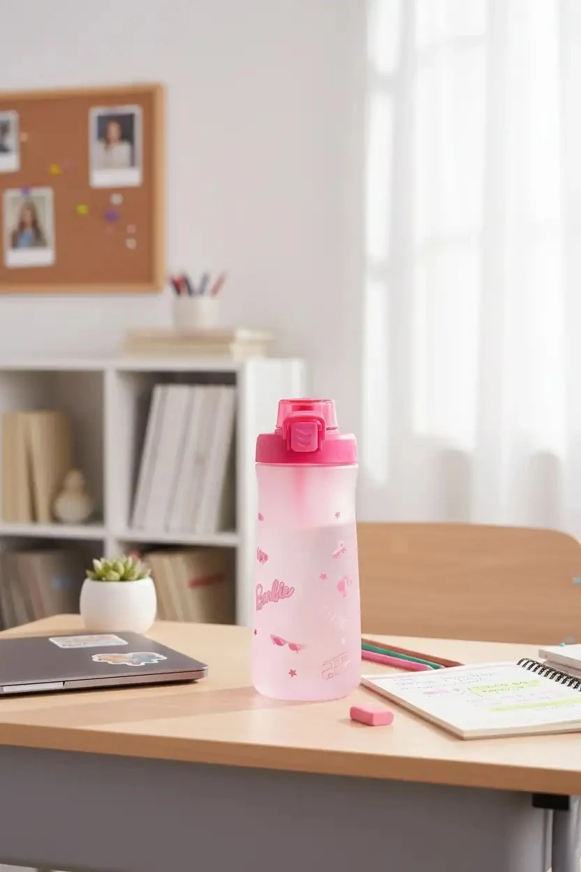 Barbie Lisanslı Baskılı Pipetli Kapaklı Plastik Şişe