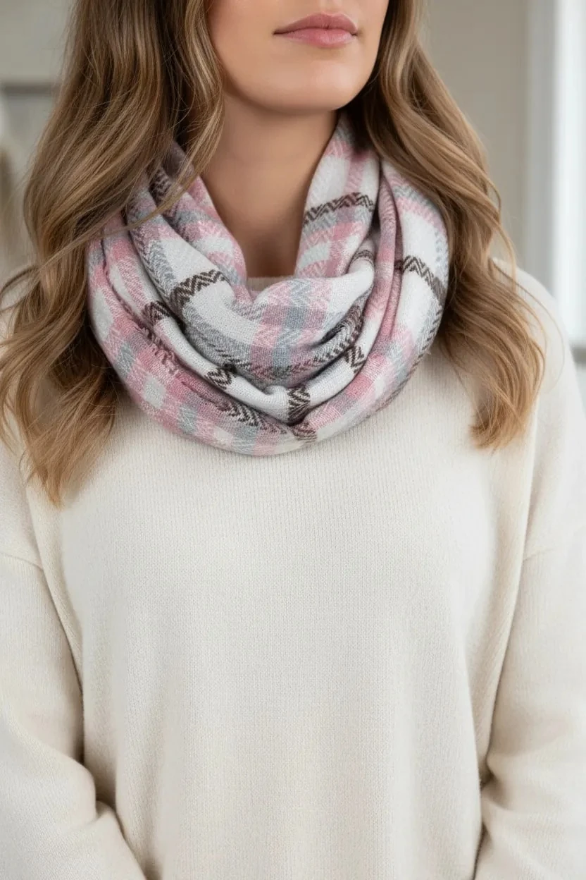 Yumuşak Dokulu Püsküllü Pembe-Gri Kalın Omuz Şalı