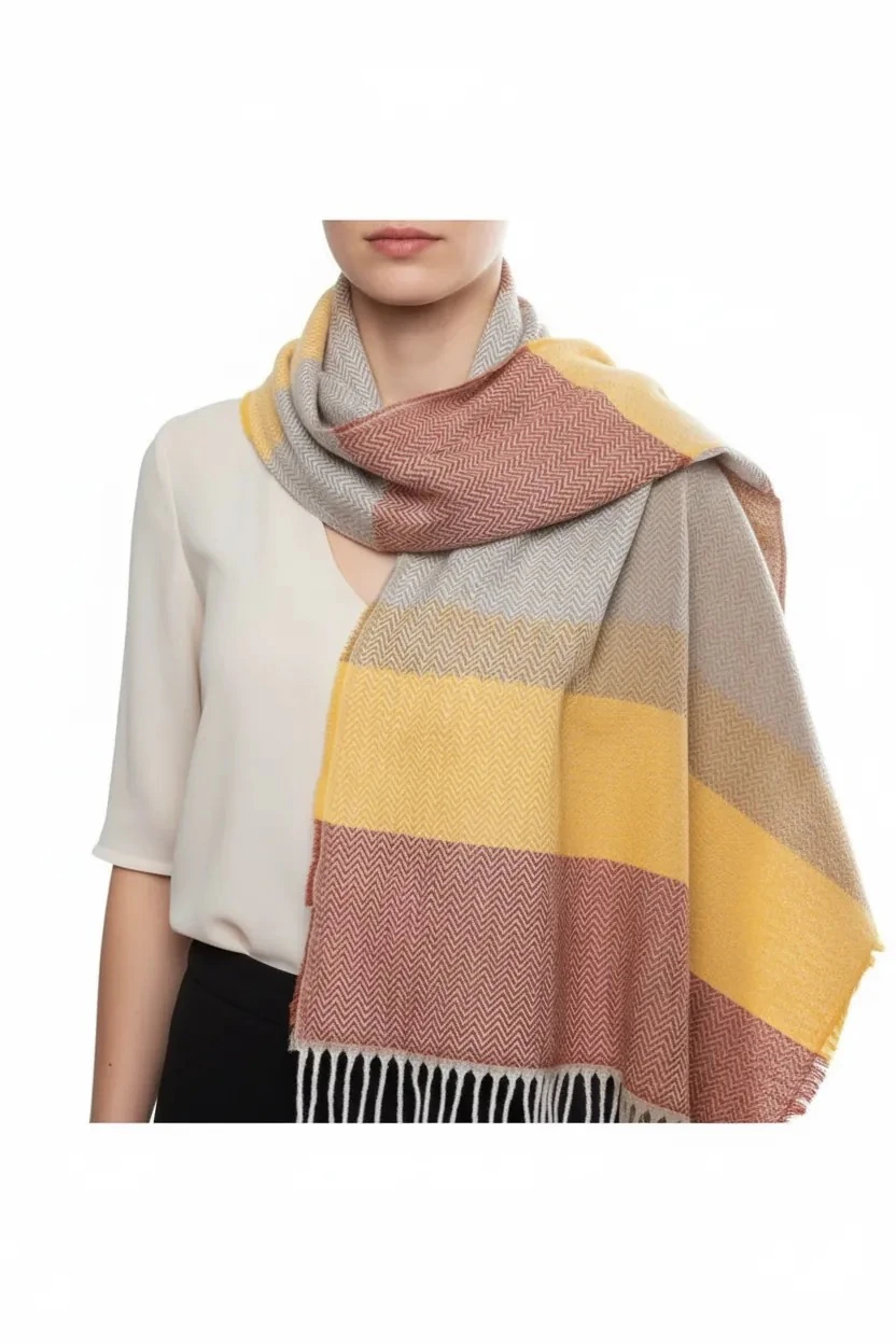 Yumuşak Dokulu Balık Sırtı Desenli Oranj Kalın Omuz Şalı