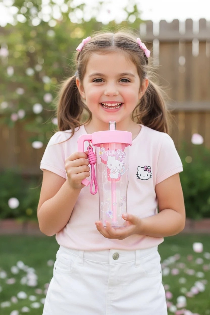 Sanrio Lisanslı Hello Kitty Çiçek Dili Serisi Saplı ve Pipetli Plastik Şişe 1250 mL