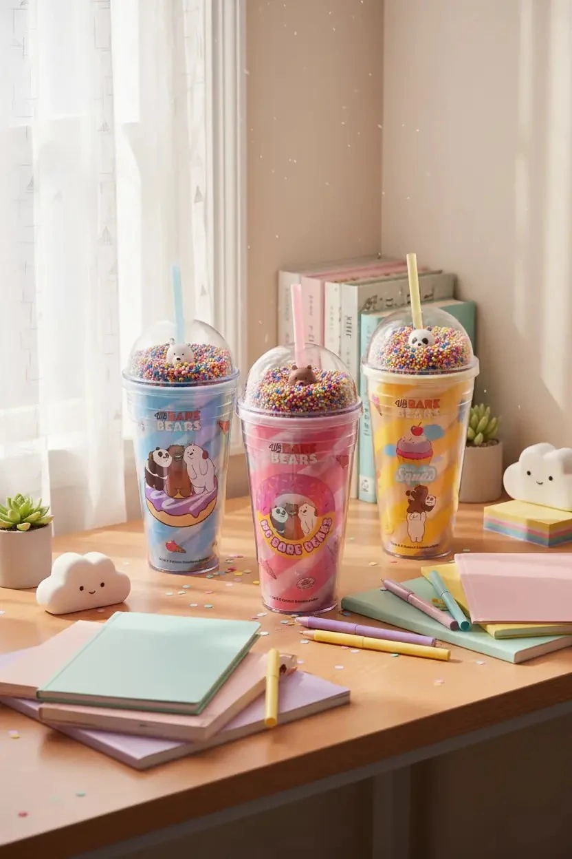 We Bare Bears Lisanslı Boncuklu Pipetli Plastik Şişe - Mavi