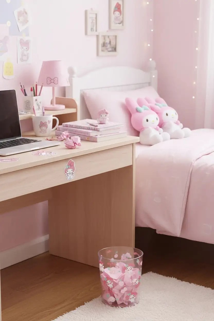 Sanrio Lisanslı Çiçek Desenli Şeffaf Çöp Kovası - My Melody