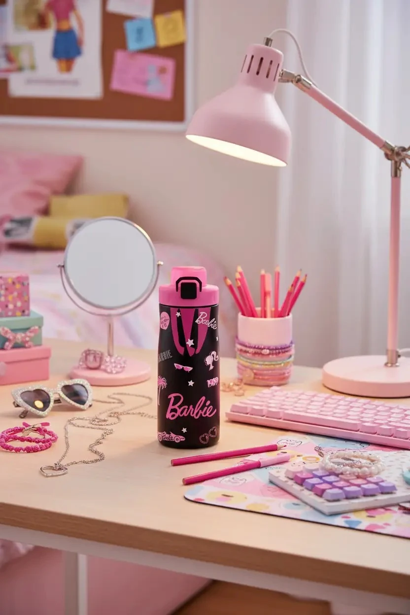 Barbie Lisanslı Pipetli Kapaklı Plastik Şişe – Çift Cidarlı Pembe Tasarım 1000 ml