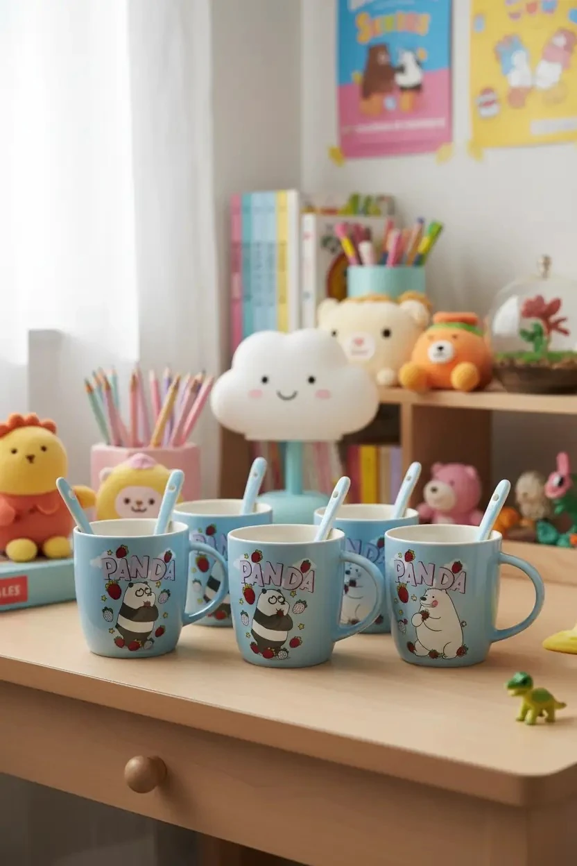 We Bare Bears Lisanslı Panda Tatlı Serisi Kaşıklı Bardak Seti – 2 Adet Seramik Kupa ve Kaşık Seti