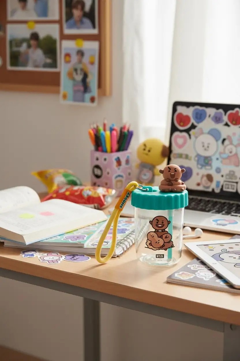 BT21 Lisanslı Süslemeli ve Askılı Plastik Şişe (520mL) - Shooky