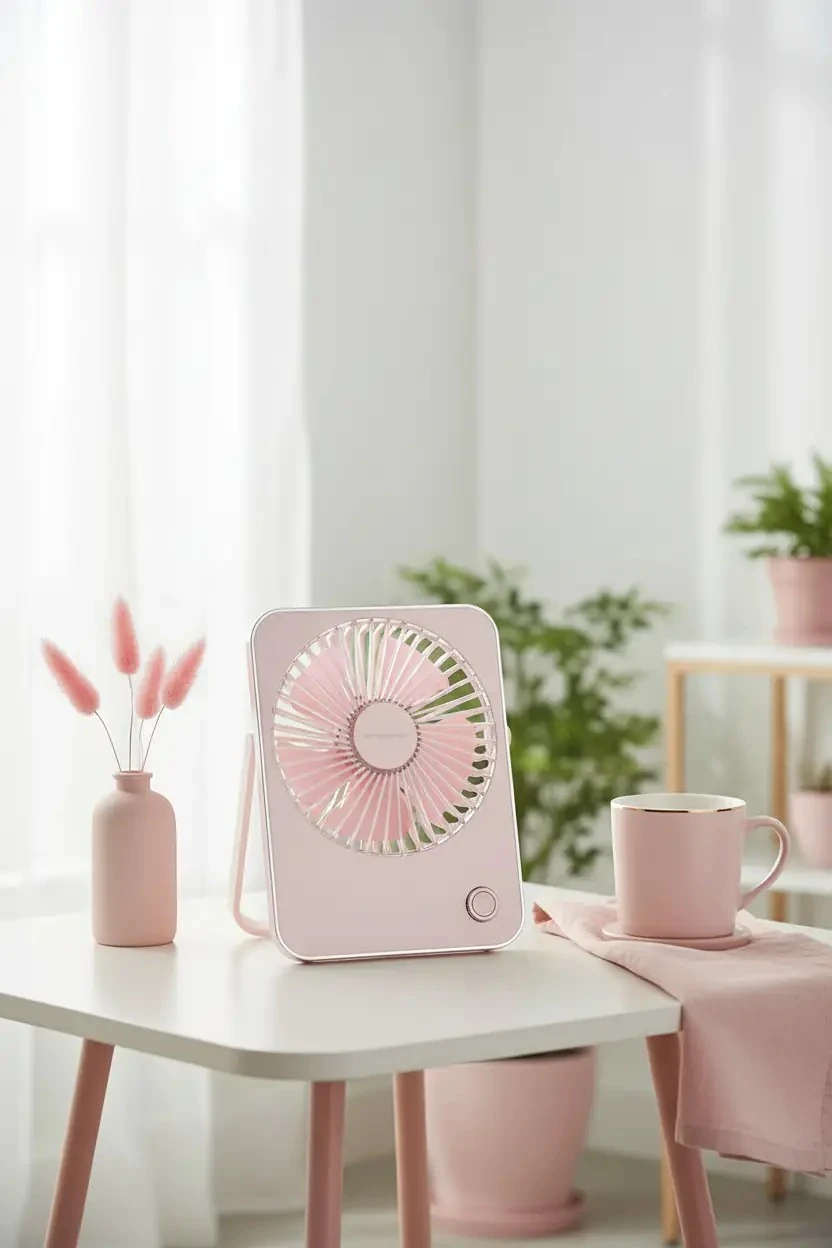 Makaron Serisi Katlanabilir Mini Fan Pembe – Şarj Edilebilir Taşınabilir Fan 17,8 Cm