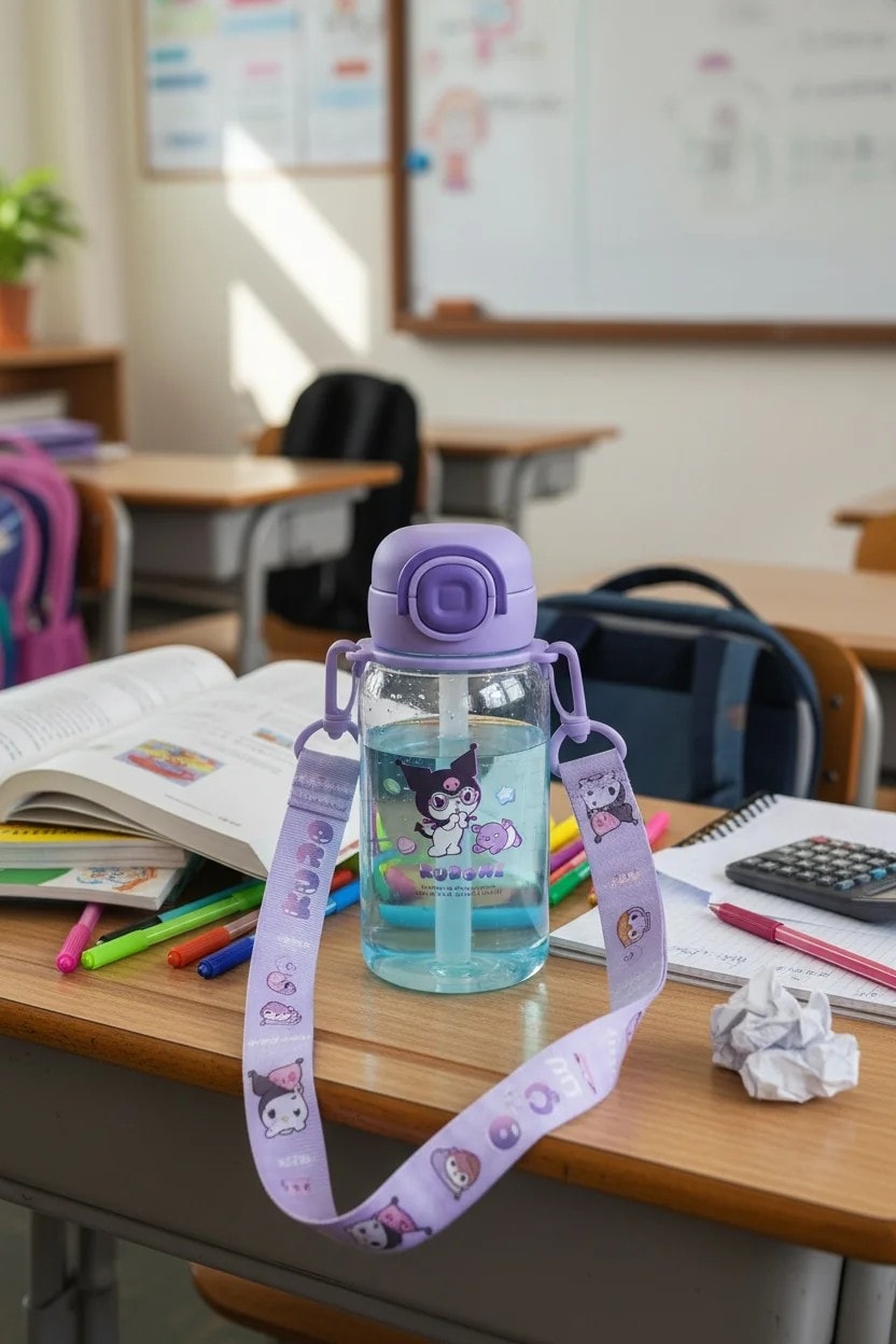Sanrio Lisanslı Kuromi Tatlı Fabrikası Serisi Pipetli ve Askılı Plastik Şişe 690mL