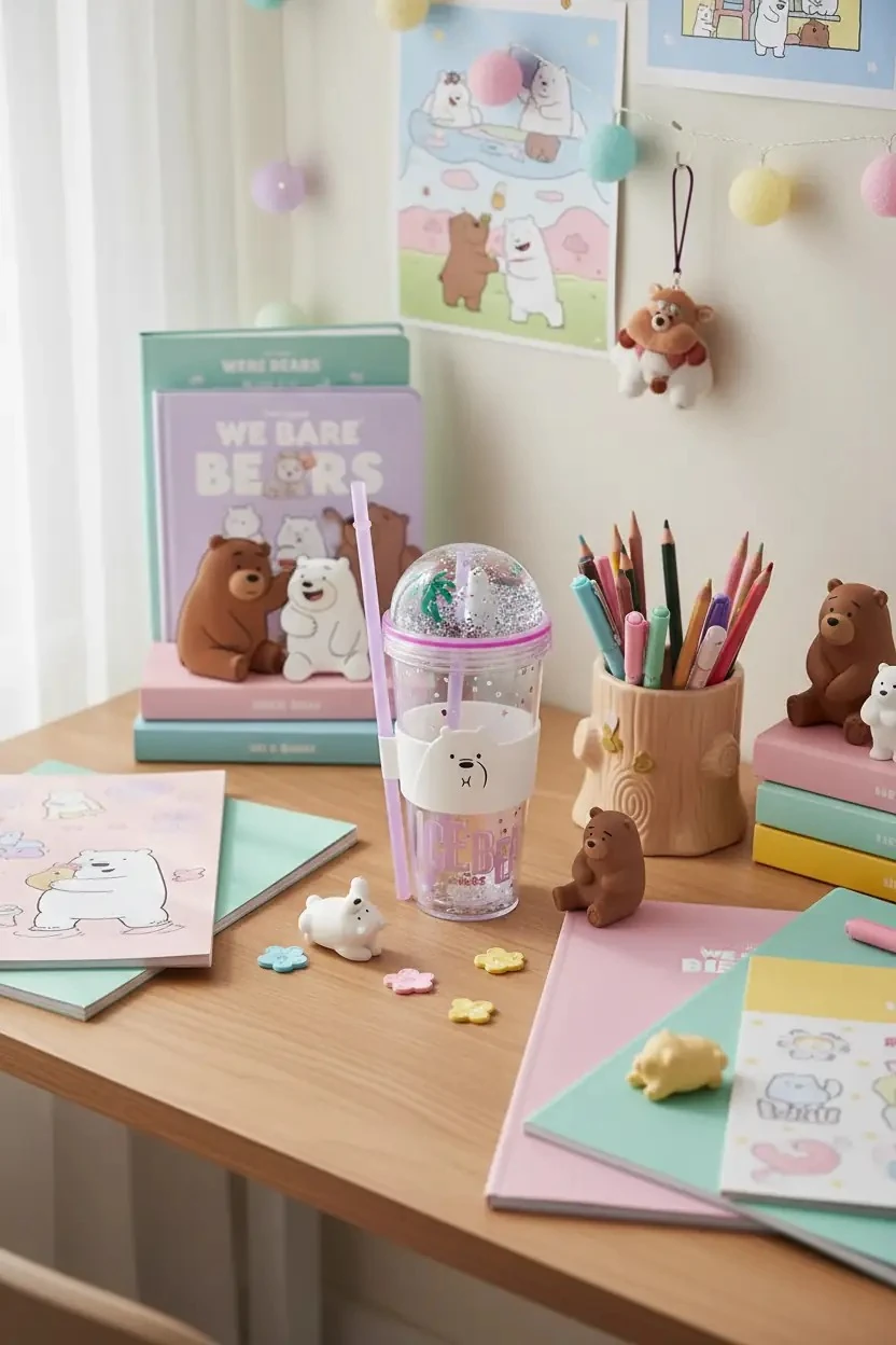 We Bare Bears Lisanslı Pipetli Ve Kapaklı Simli Plastik Suluk (Outlet)