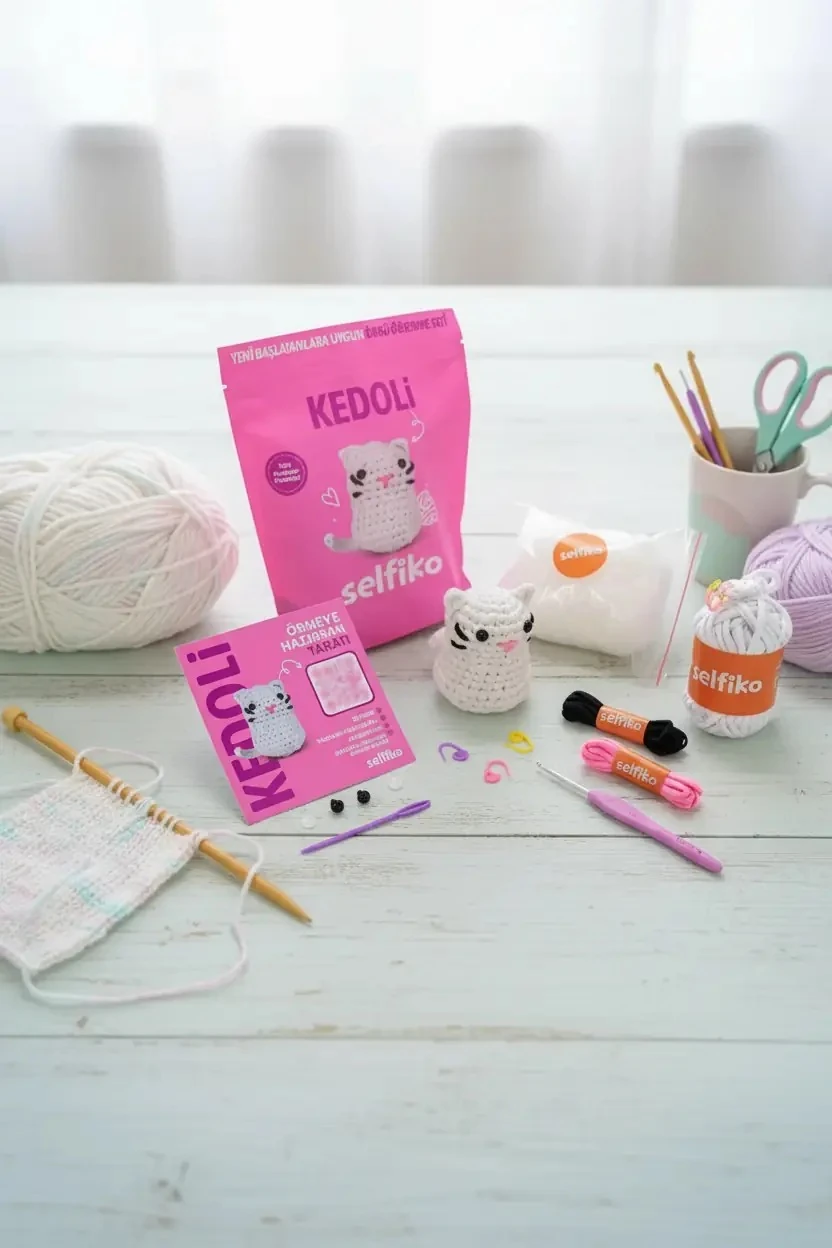 Kedi Figürlü Örgü İpi Seti – DIY Hobi Seti Kolay Başlangıç