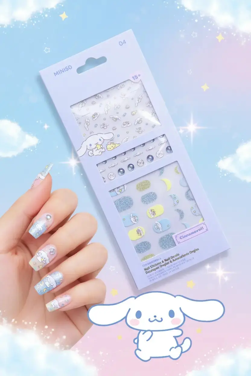 MINISO Sanrio Cinnamoroll Lisanslı Tırnak Süsü Ve Çıkartma Seti – Pratik Nail Art Sticker Ve Tırnak Aksesuarı 17,5 Cm