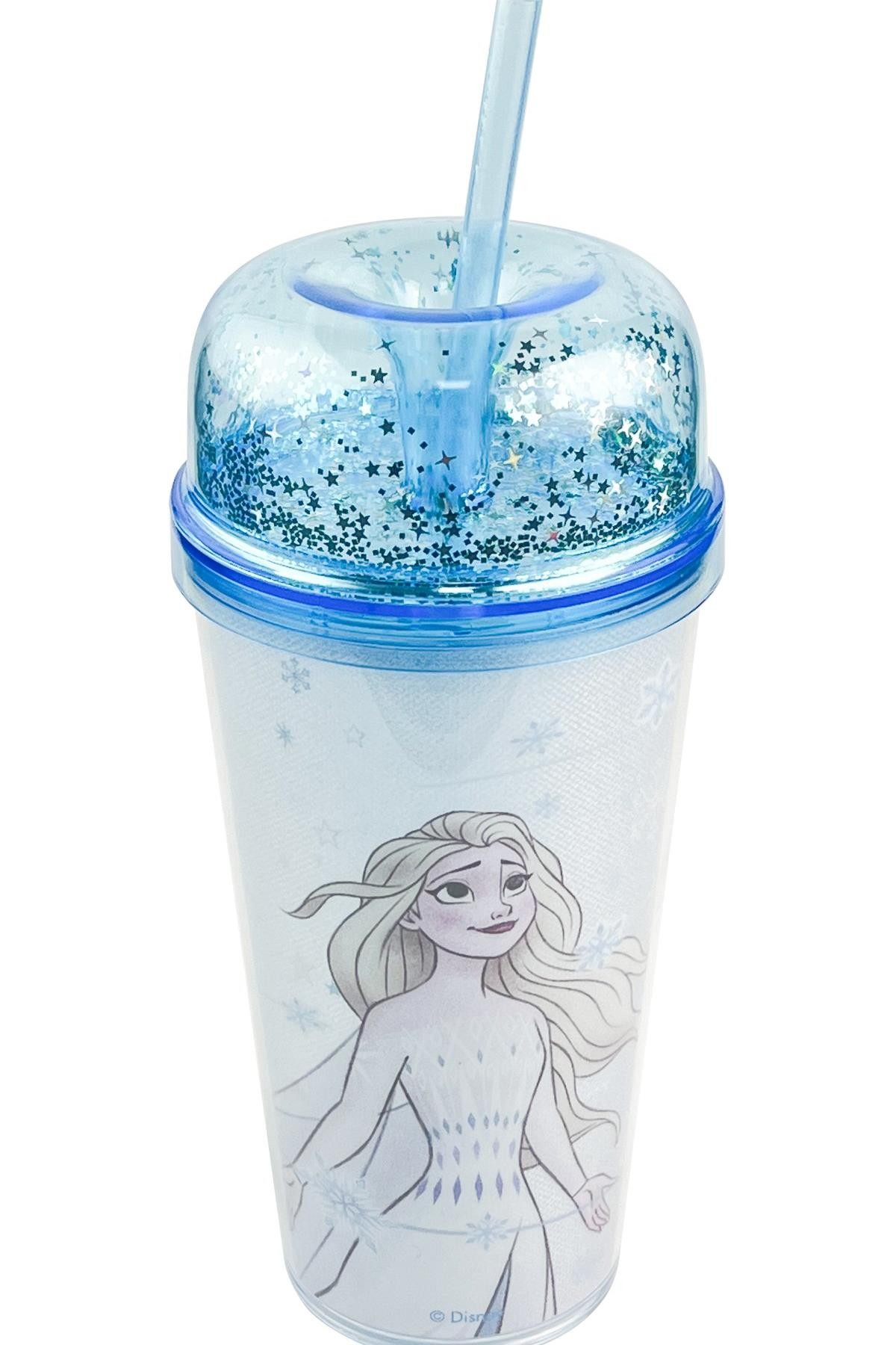 Disney Frozen Lisanslı Glitter Kapaklı Pipetli Plastik Şişe