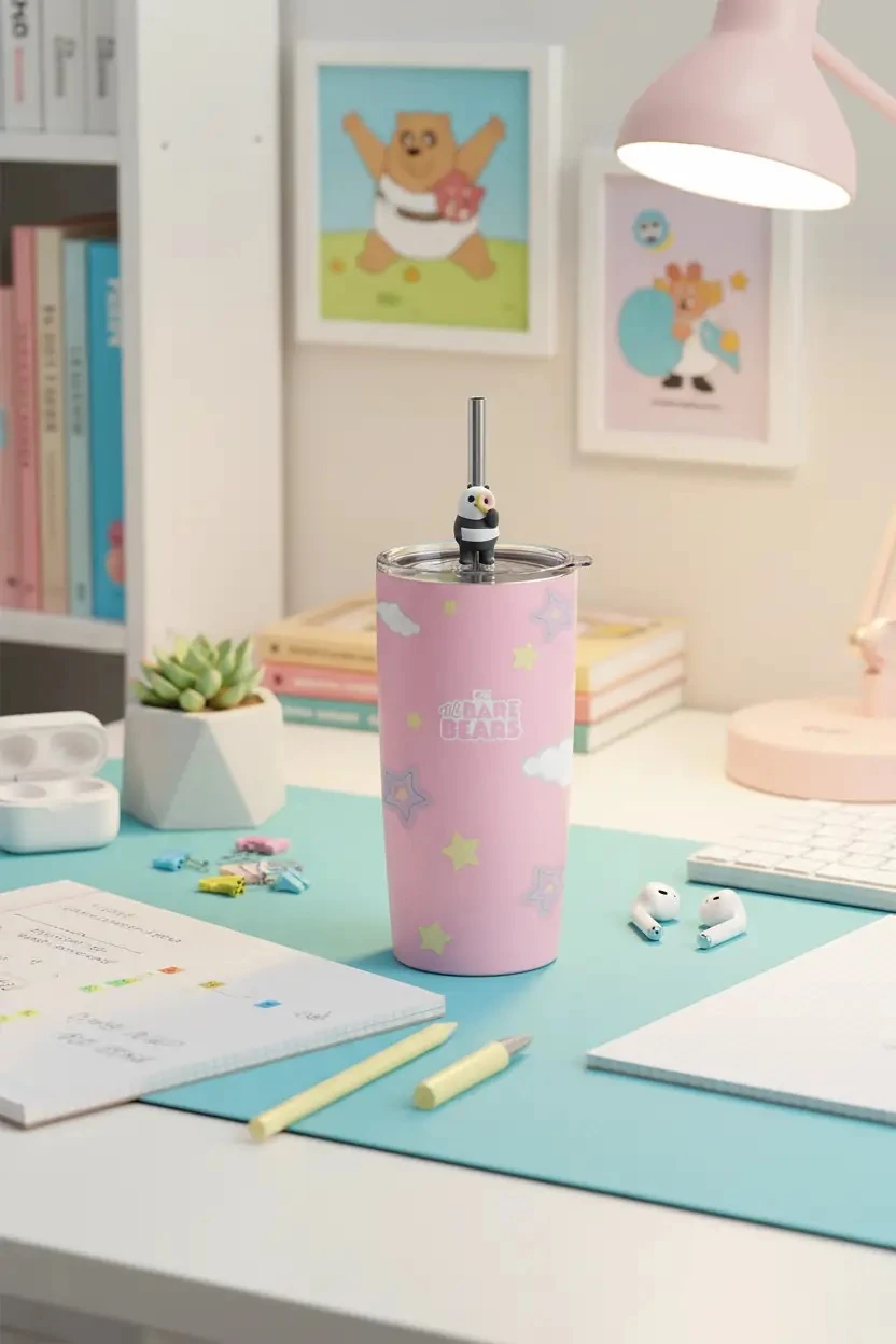 We Bare Bears Lisanslı Panda Pipetli Termos – Paslanmaz Çelik İzolasyonlu Matara 530 ML