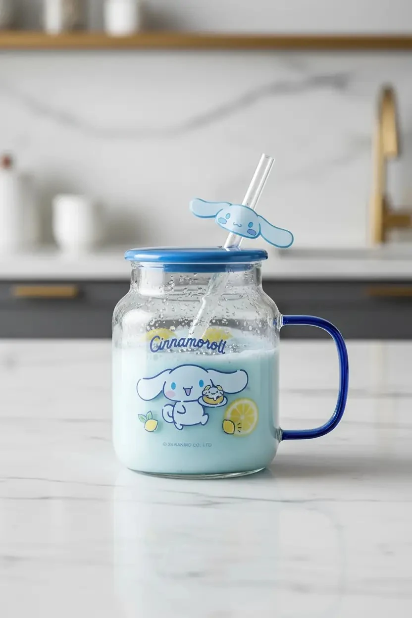 Sanrio Lisanslı Cinnamoroll Kapaklı ve Pipetli Cam Bardak 450 Ml