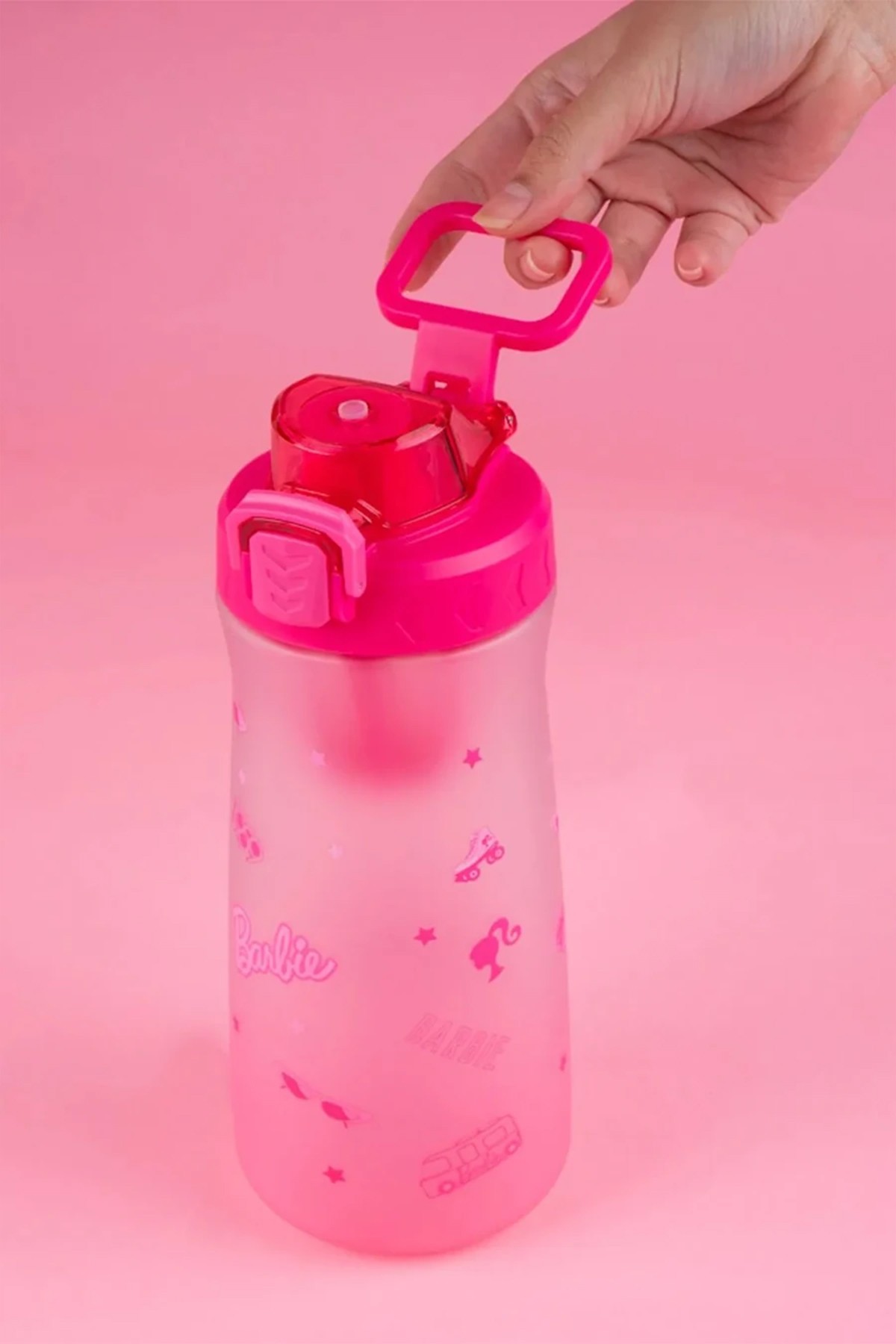 Barbie Lisanslı Baskılı Pipetli Kapaklı Plastik Şişe