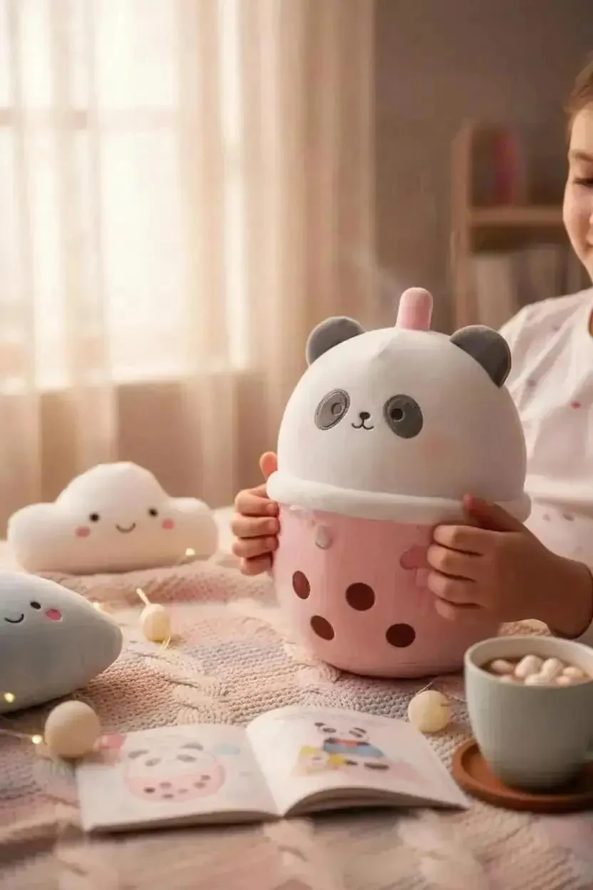 Miniso Lisanslı Panda Sütlü Çay Peluş Oyuncak – Yumuşak Uyku Arkadaşı ve Dekoratif Figür 37 Cm