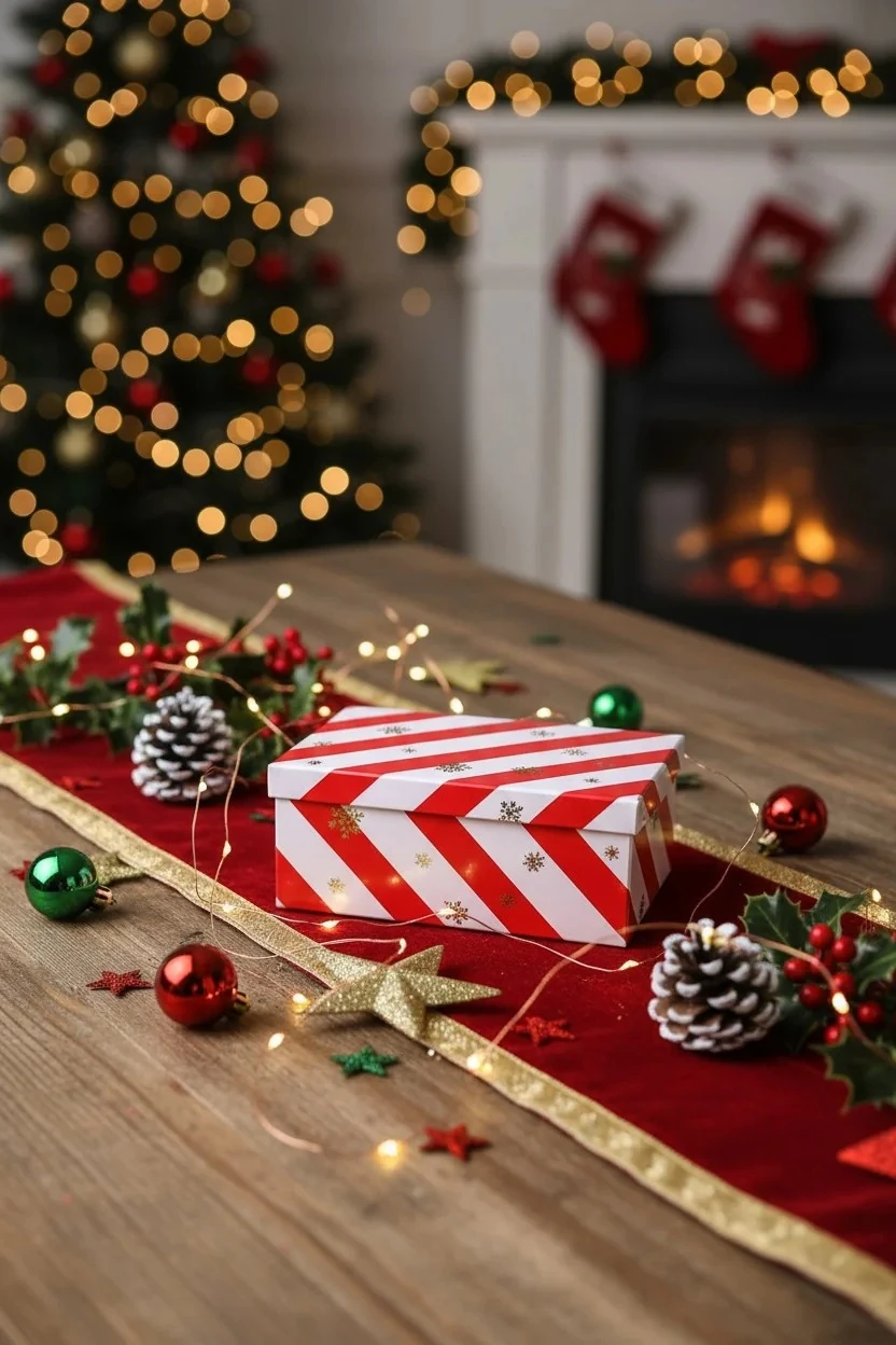 Kırmızı Şeritli Yılbaşı Sürpriz Kutusu – 19 cm