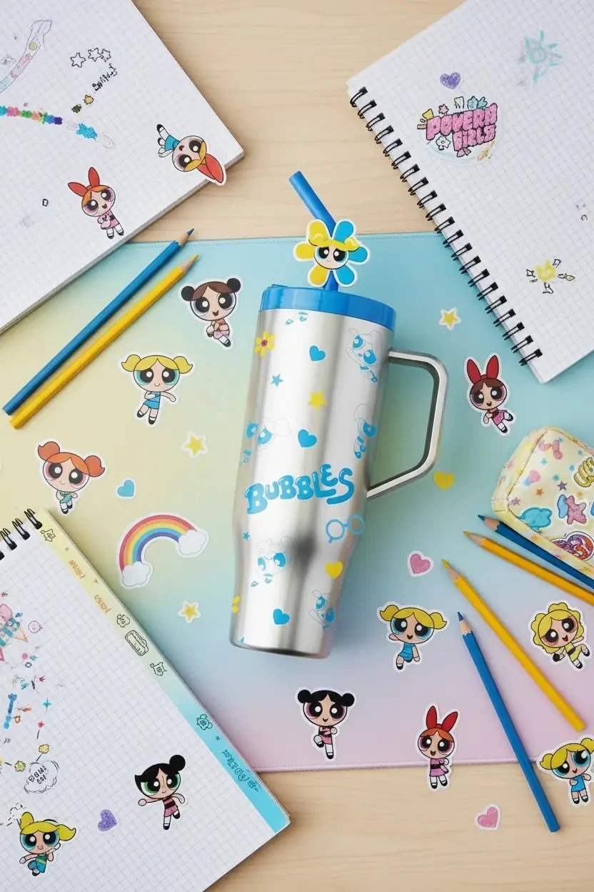 Powerpuff Girls Lisanslı Pipetli Plastik Şişe 1250 ml - Bubbles