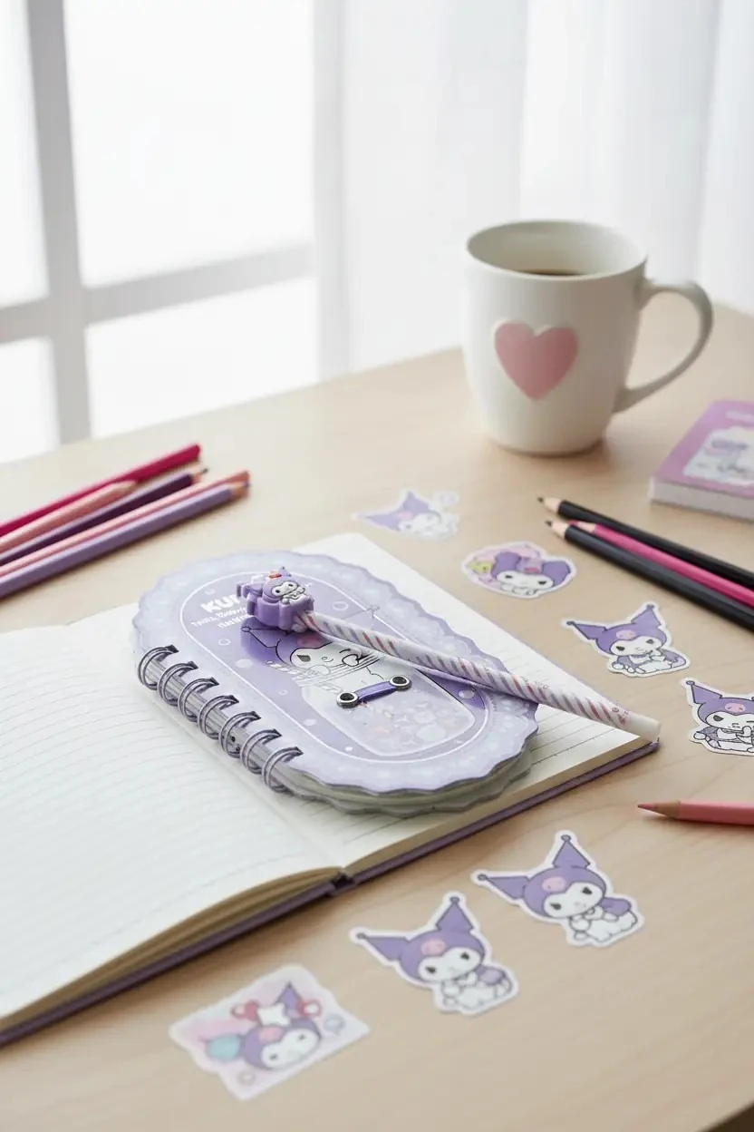 Sanrio Lisanslı Renkli Yaz Serisi Pipetli Kalem Figürlü Telli Defter - Kuromi