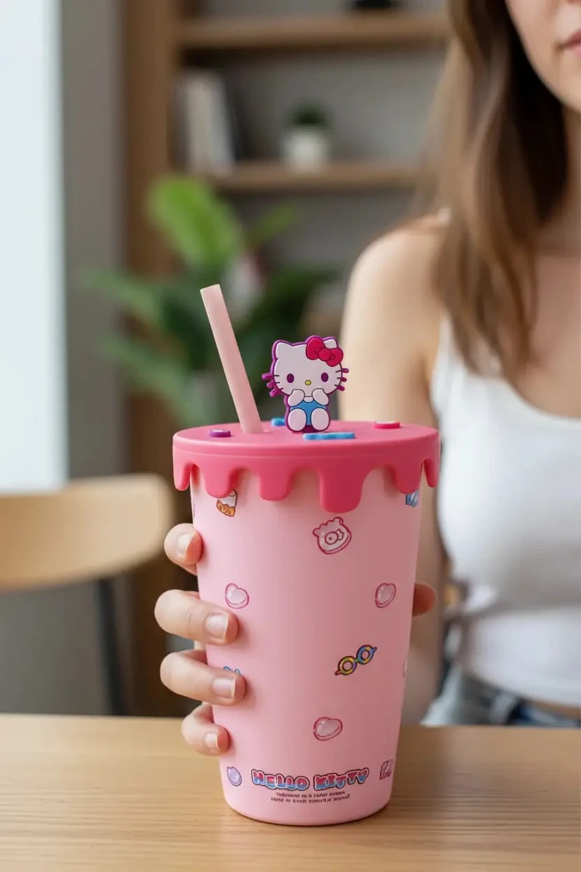 Sanrio Lisanslı Hello Kitty Tatlı Fabrikası Serisi Seramik Bardak, Kapaklı ve Pipetli, 400 ml