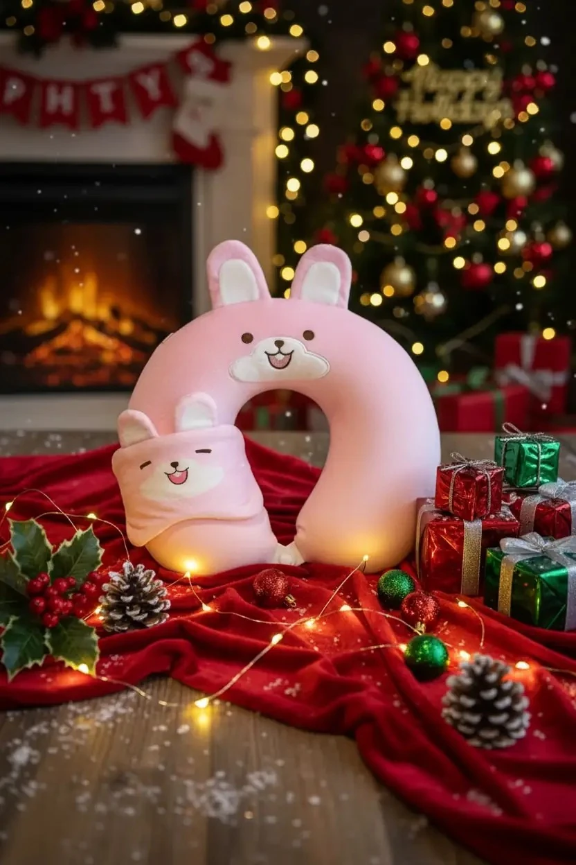 Miniso Lisanslı Sevimli Hayvan Serisi Tavşan Uyku Gözlüklü Hafızalı Boyun Yastığı – Seyahat Seti 30 Cm