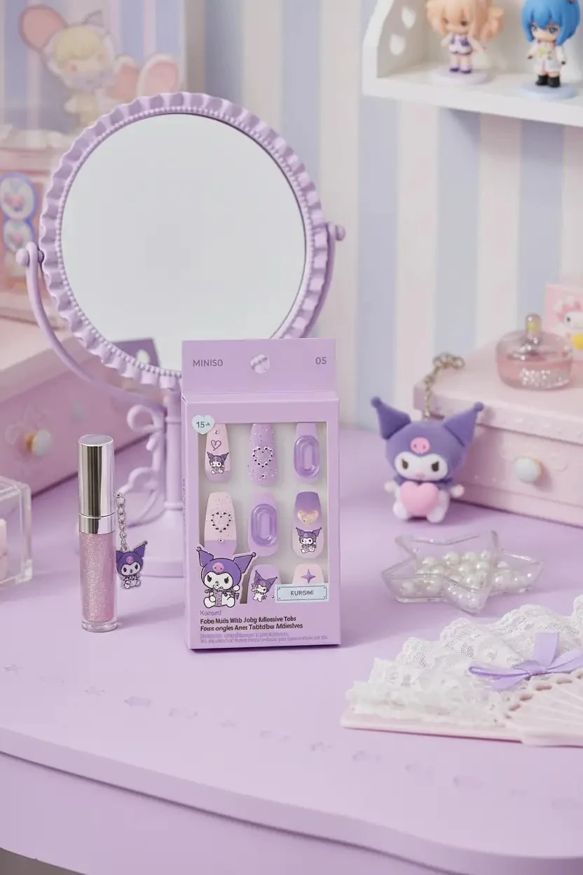 Sanrio Lisanslı Kuromi Jel Yapışkanlı Takma Tırnak Mor ve Pembe Şık Tasarım Model 05
