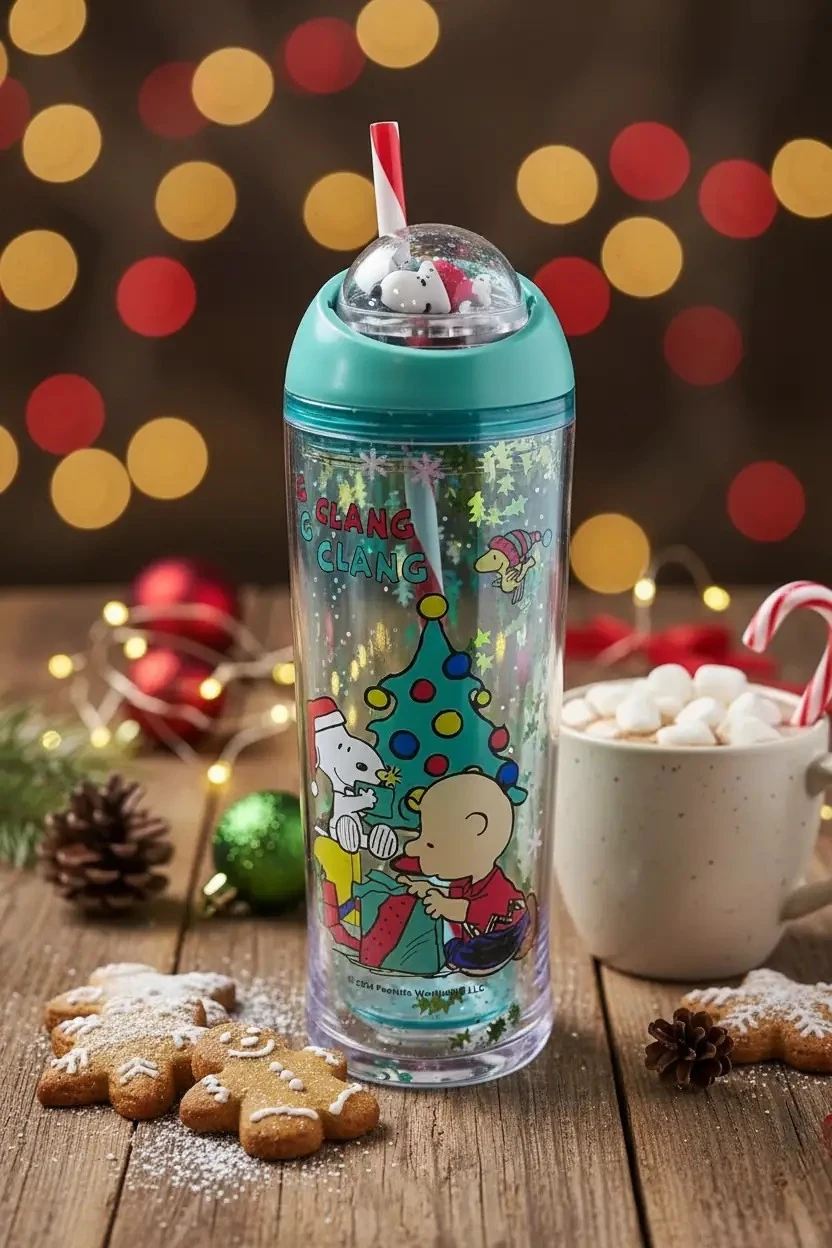 Snoopy Lisanslı Yılbaşı Koleksiyonu Pipetli ve Dönen Toplu Şişe – Eğlenceli Tasarım İçecek Matarası