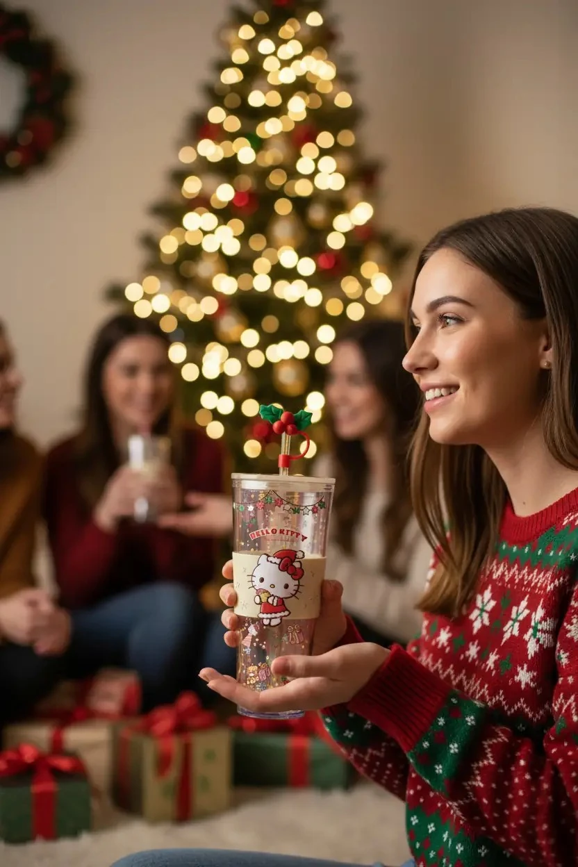 Sanrio Lisanslı Hello Kitty Yılbaşı Koleksiyonu Çift Cidarlı ve Pipetli Şişe (800ml) – Büyük Matara