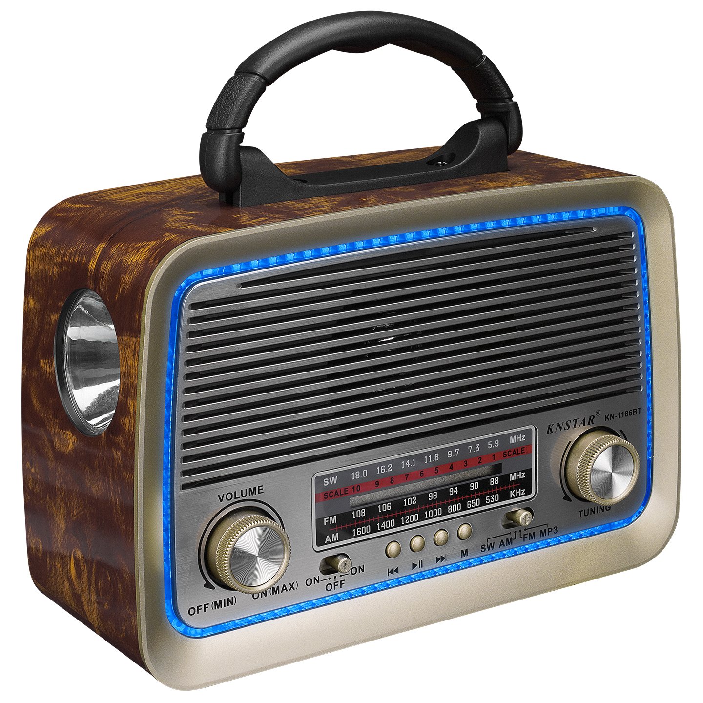 Mikado Ahşap Mavi Led Işıklı Bluetooth Klasik Radyo Hoparlör