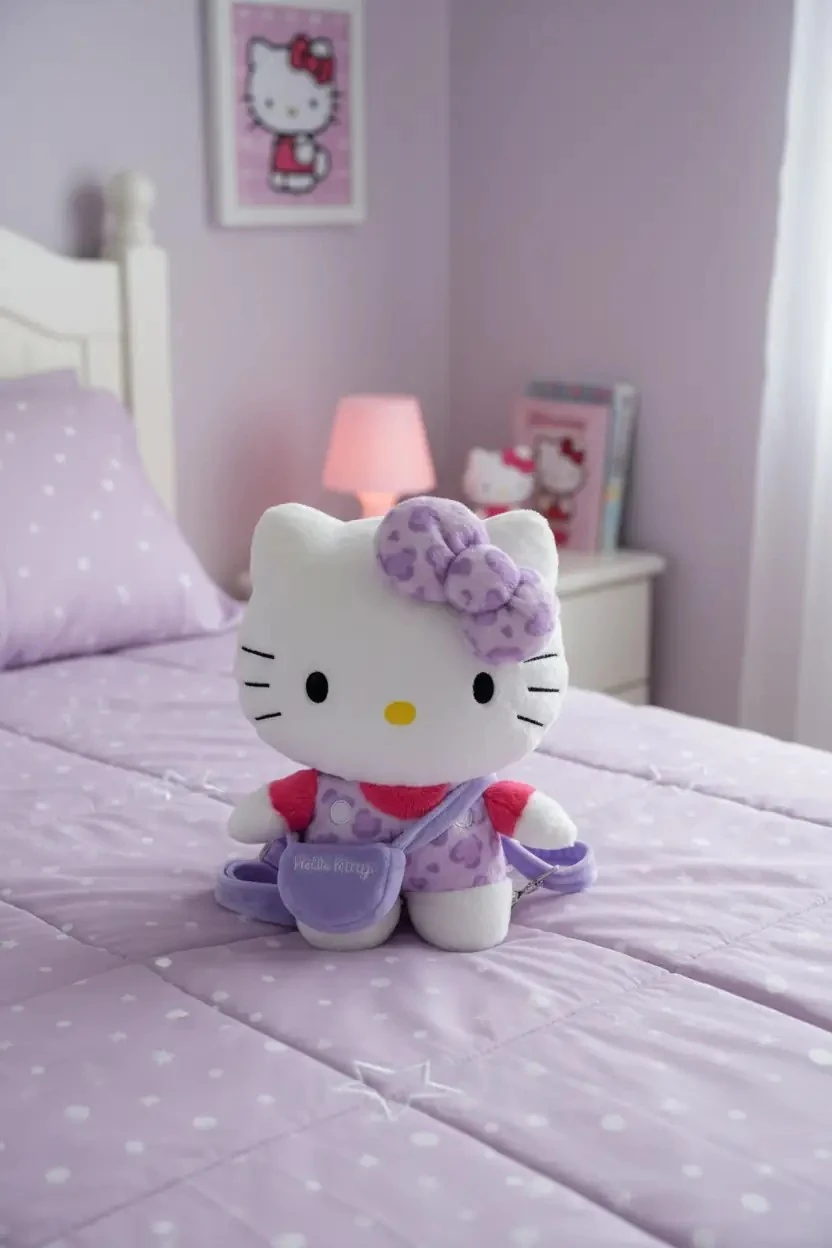 Sanrio Lisanslı Hello Kitty Peluş Sırt Çantası Mor – Leopar Desenli 30 Cm