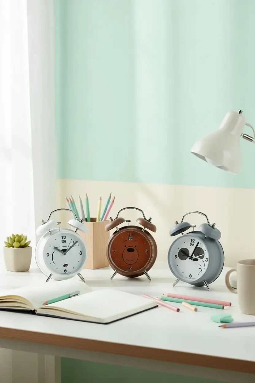 We Bare Bears Lisanslı Çalar Saat – Grizz, Panda ve Ice Bear Tasarımlı Metal Masa Saati 16 Cm
