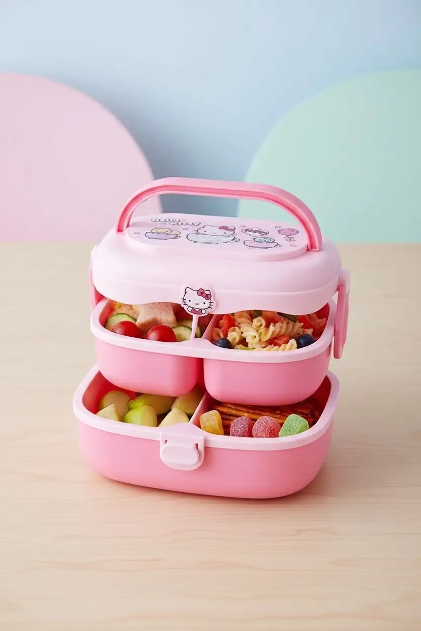 Sanrio Lisanslı Hello Kitty Çift Katmanlı Askılı Yemek Kabı