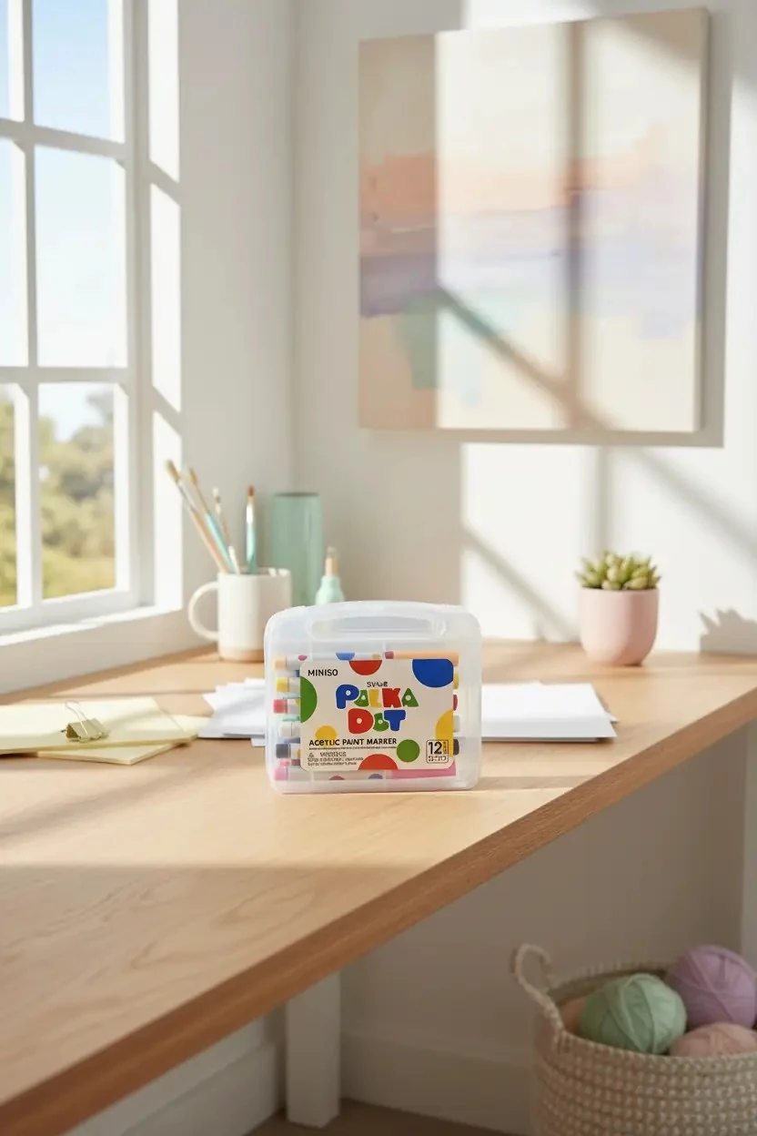 Miniso Polka Dot Serisi Direkt Akışlı Akrilik Boya Kalem Seti – 12 Canlı Renk Su Bazlı Hobi Kalemi