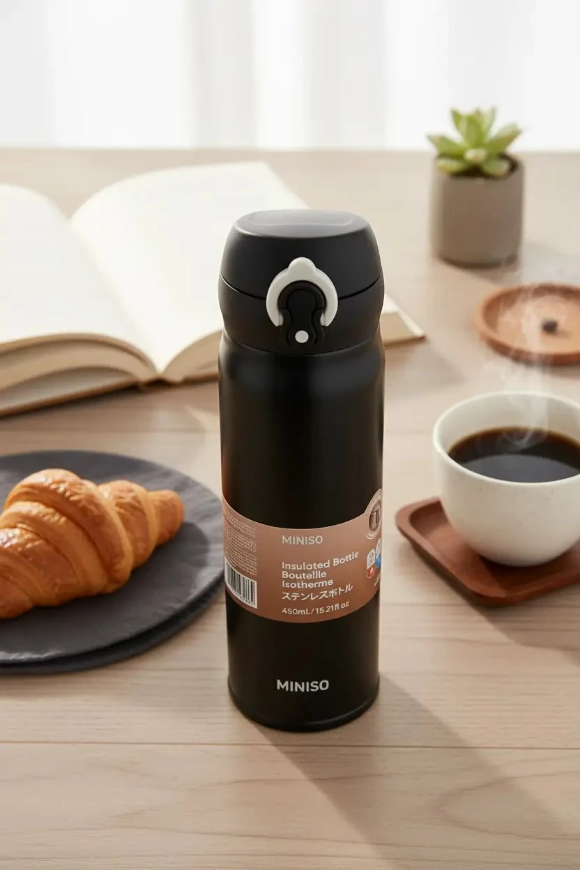 Miniso Lisanslı Kahve Serisi Kapaklı Termos Siyah 450 Ml – Paslanmaz Çelik