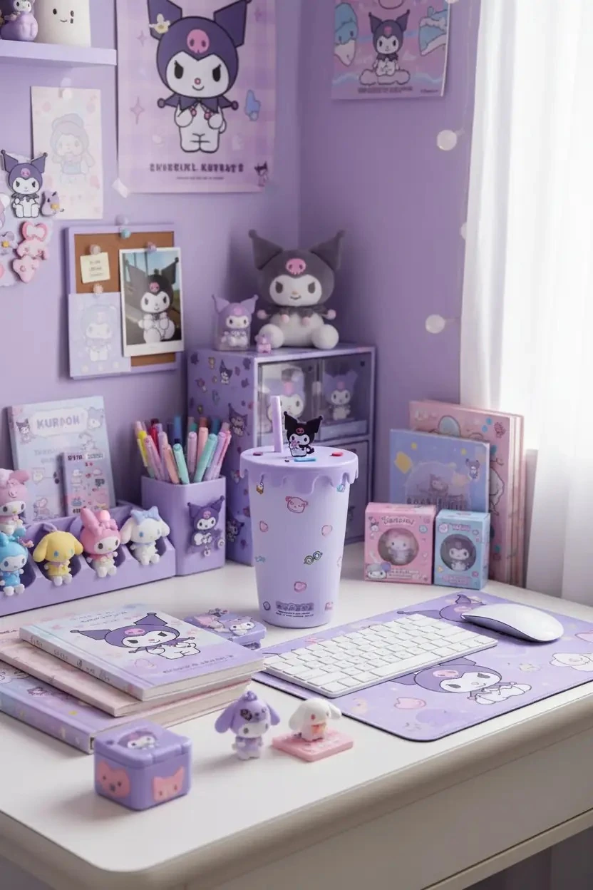 Sanrio Lisanslı Kuromi Tatlı Fabrikası Serisi Kapaklı ve Pipetli Dekoratif Seramik Bardak 400mL