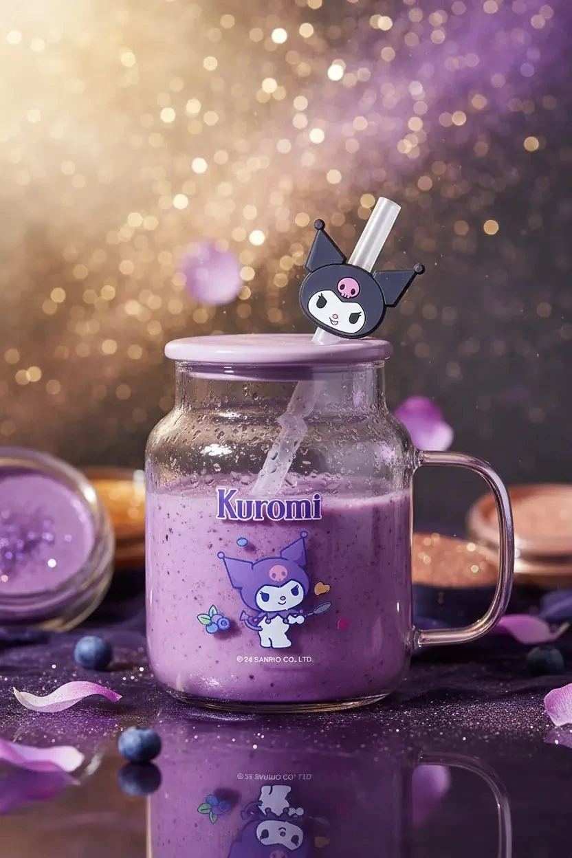 Sanrio Lisanslı Kuromi Kapaklı ve Pipetli Cam Şişe 450mL