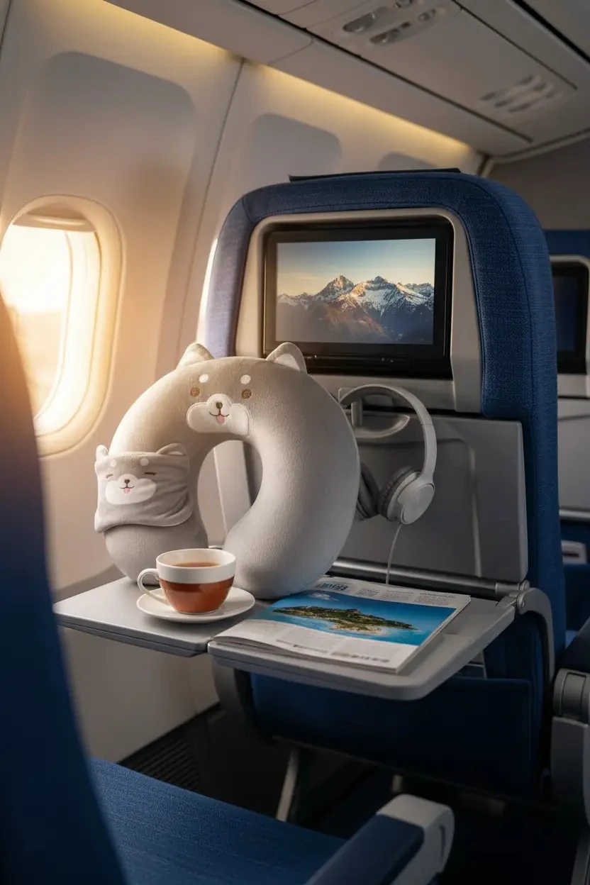 Miniso Lisanslı Sevimli Hayvan Serisi Gri Köpek Uyku Gözlüklü Hafızalı Boyun Yastığı – Seyahat Seti 30 Cm