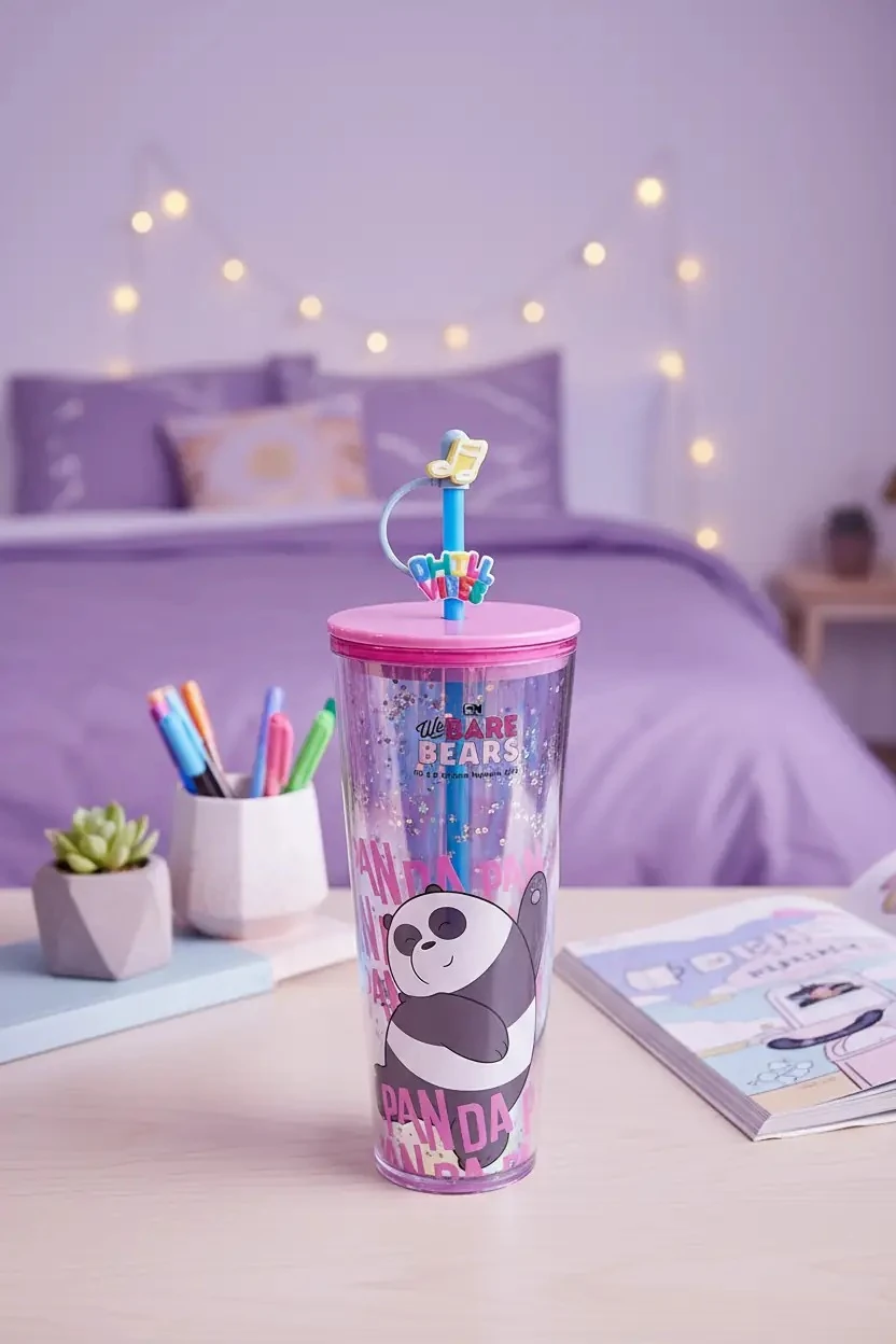 We Bare Bears Lisanslı Çift Cidarlı Pipetli Şişe 800ml - Panda Tasarımlı Işıltılı İçecek Arkadaşı