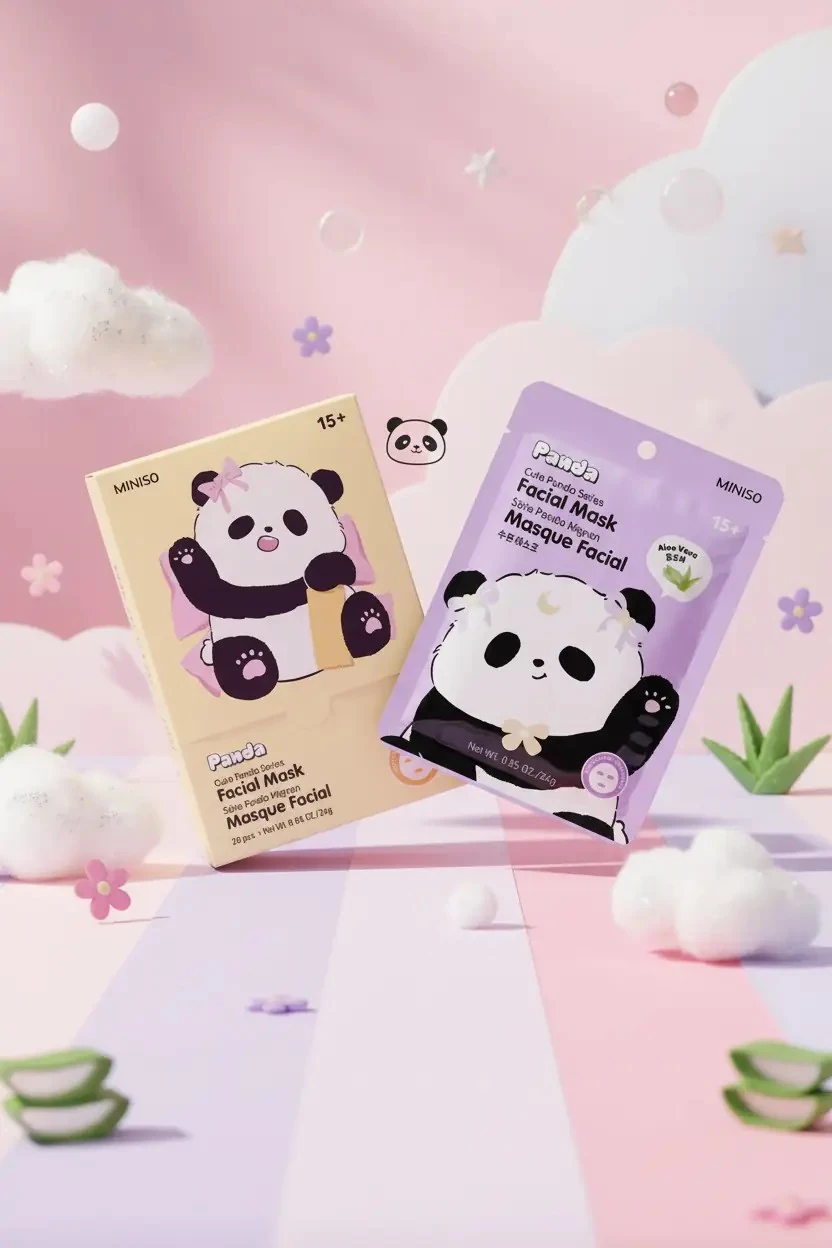 Miniso Lisanslı Sevimli Panda Serisi Yüz Maskesi – Ferahlatıcı Aloe Vera Özlü 17 Cm