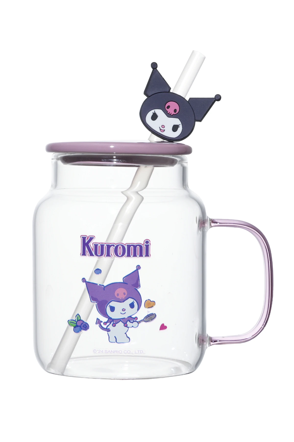 Sanrio Lisanslı Kuromi Kapaklı ve Pipetli Cam Şişe 450mL