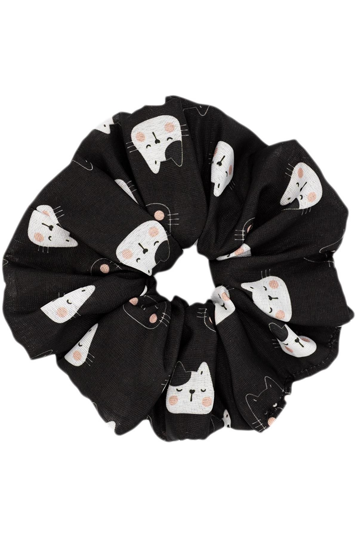 Kedi Desenli Scrunchie Bez Toka Siyah