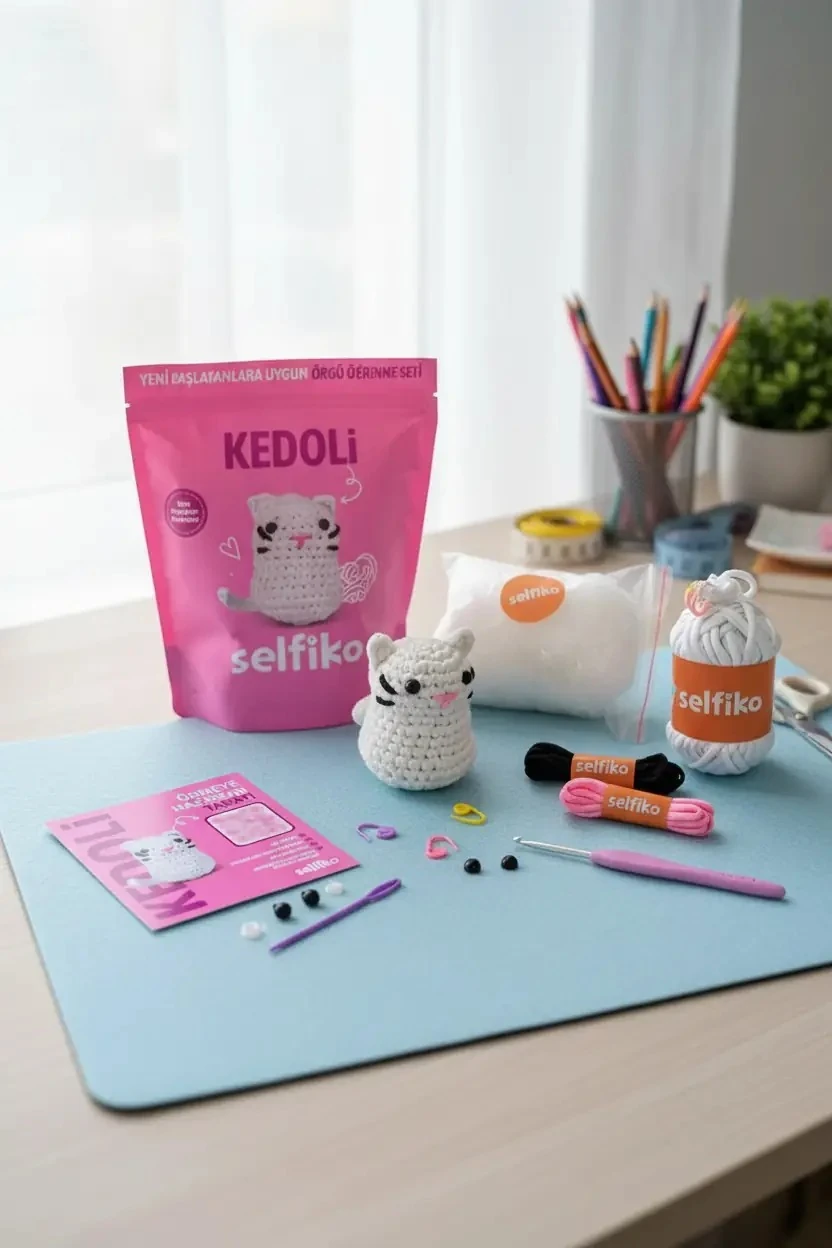 Kedi Figürlü Örgü İpi Seti – DIY Hobi Seti Kolay Başlangıç