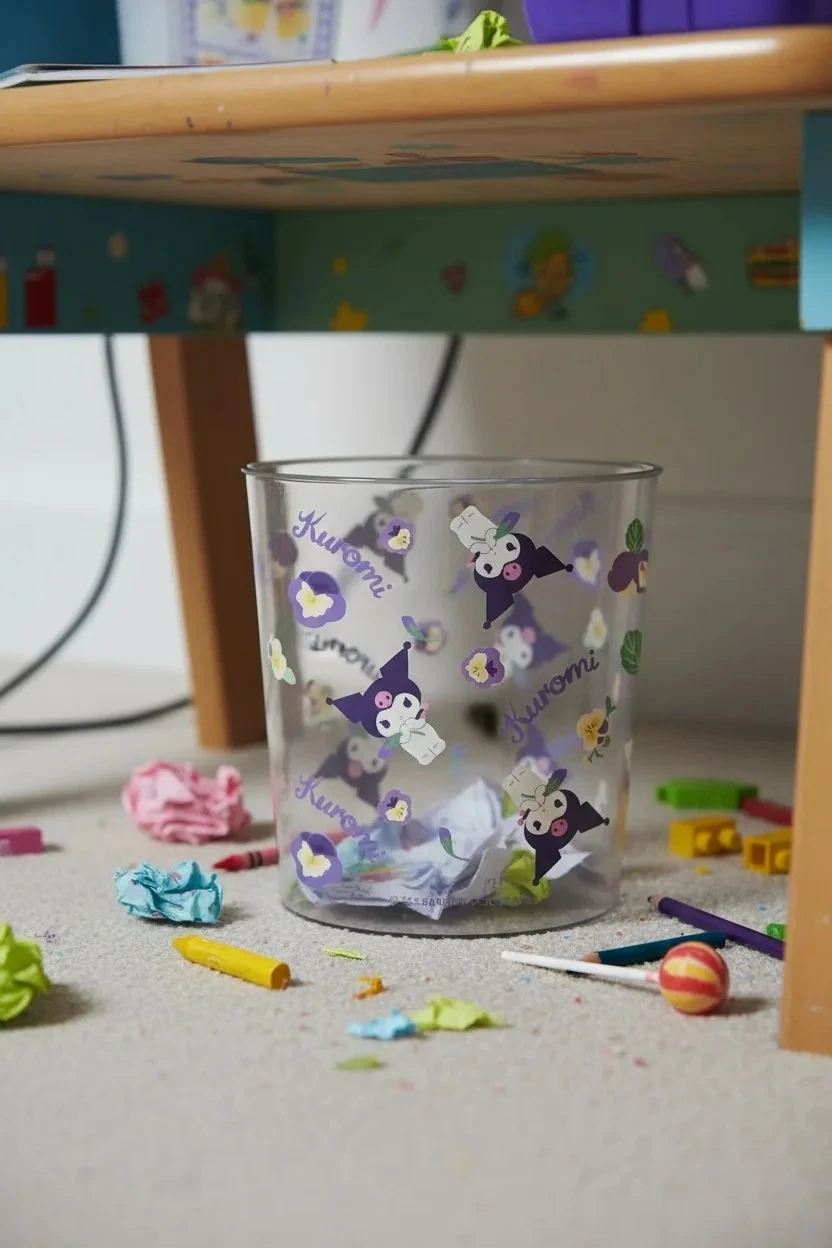 Sanrio Lisanslı Çiçek Desenli PET Şeffaf Çöp Kovası - Kuromi