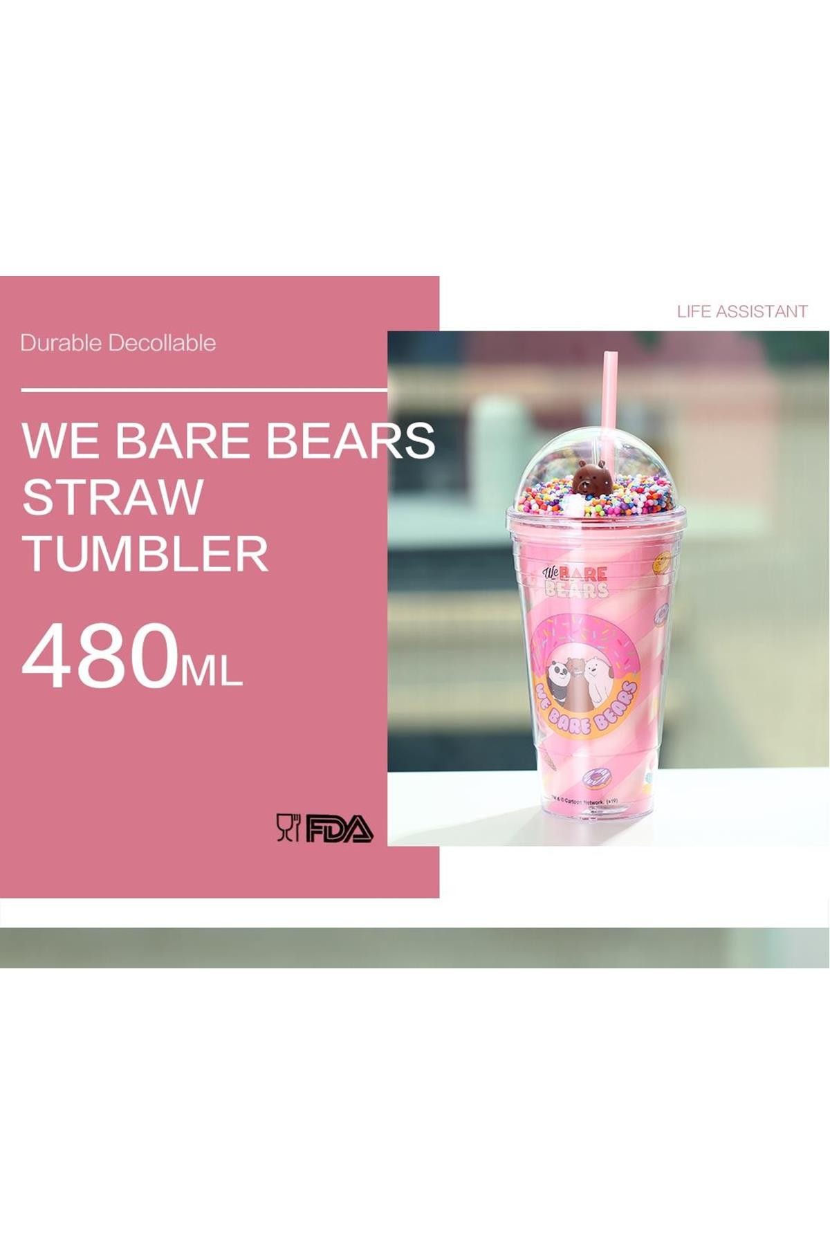 We Bare Bears Lisanslı Boncuklu Pipetli Plastik Şişe 480 Ml - Pembe