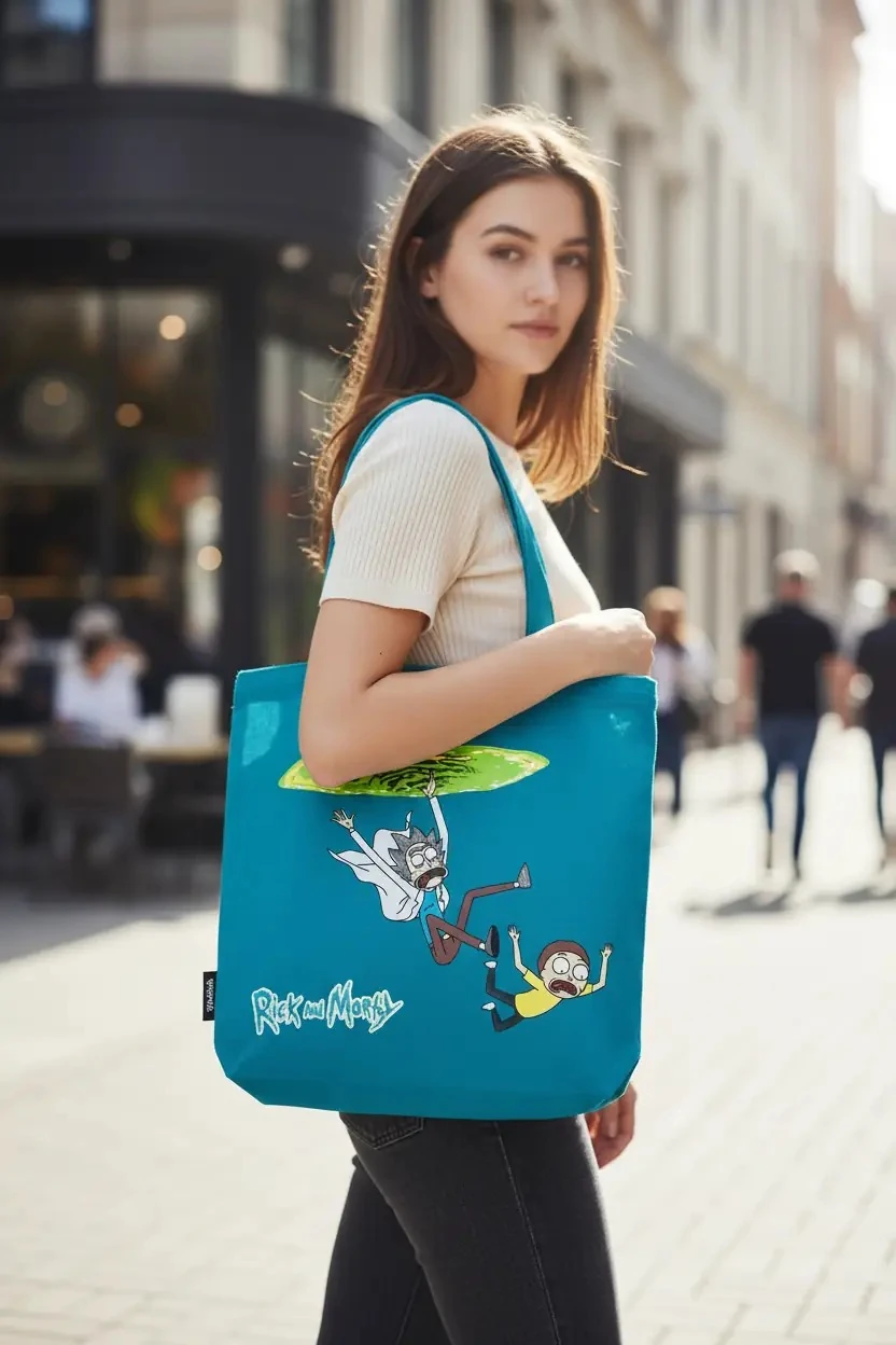 Rick ve Morty Portaldan Geçiş Baskılı Bez Çanta – %100 Pamuklu Günlük Omuz Çantası 40 Cm