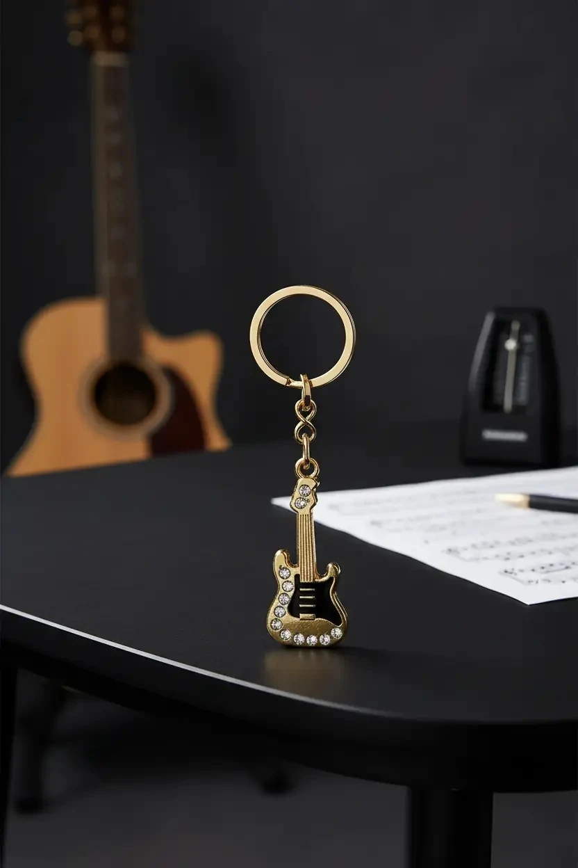 Sheforshe Lisanslı Müzik Temalı Gitar Tasarımlı Taşlı Anahtarlık – Altın Renkli Metal Çanta Aksesuarı