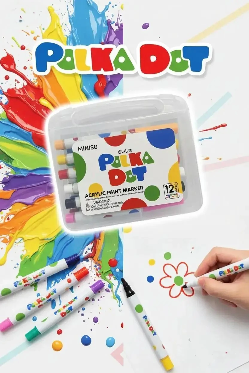 Miniso Polka Dot Serisi Direkt Akışlı Akrilik Boya Kalem Seti – 12 Canlı Renk Su Bazlı Hobi Kalemi