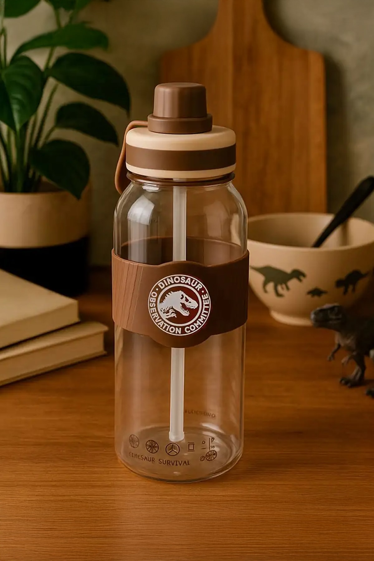 Jurassic World Saplı ve Pipetli Plastik Şişe 1000 mL (Kahverengi)