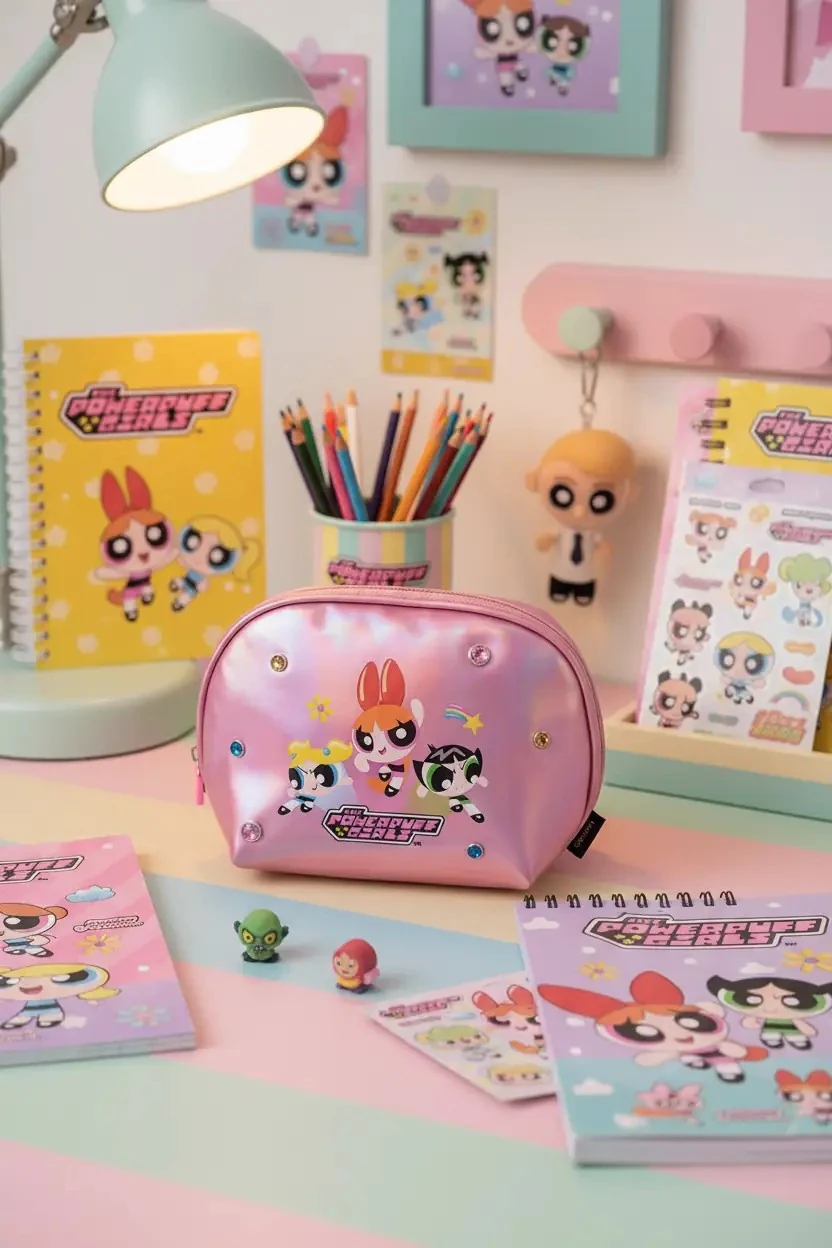 Powerpuff Girls Lisanslı Taş Süslemeli Parlak Kozmetik Çantası Pembe 21 Cm