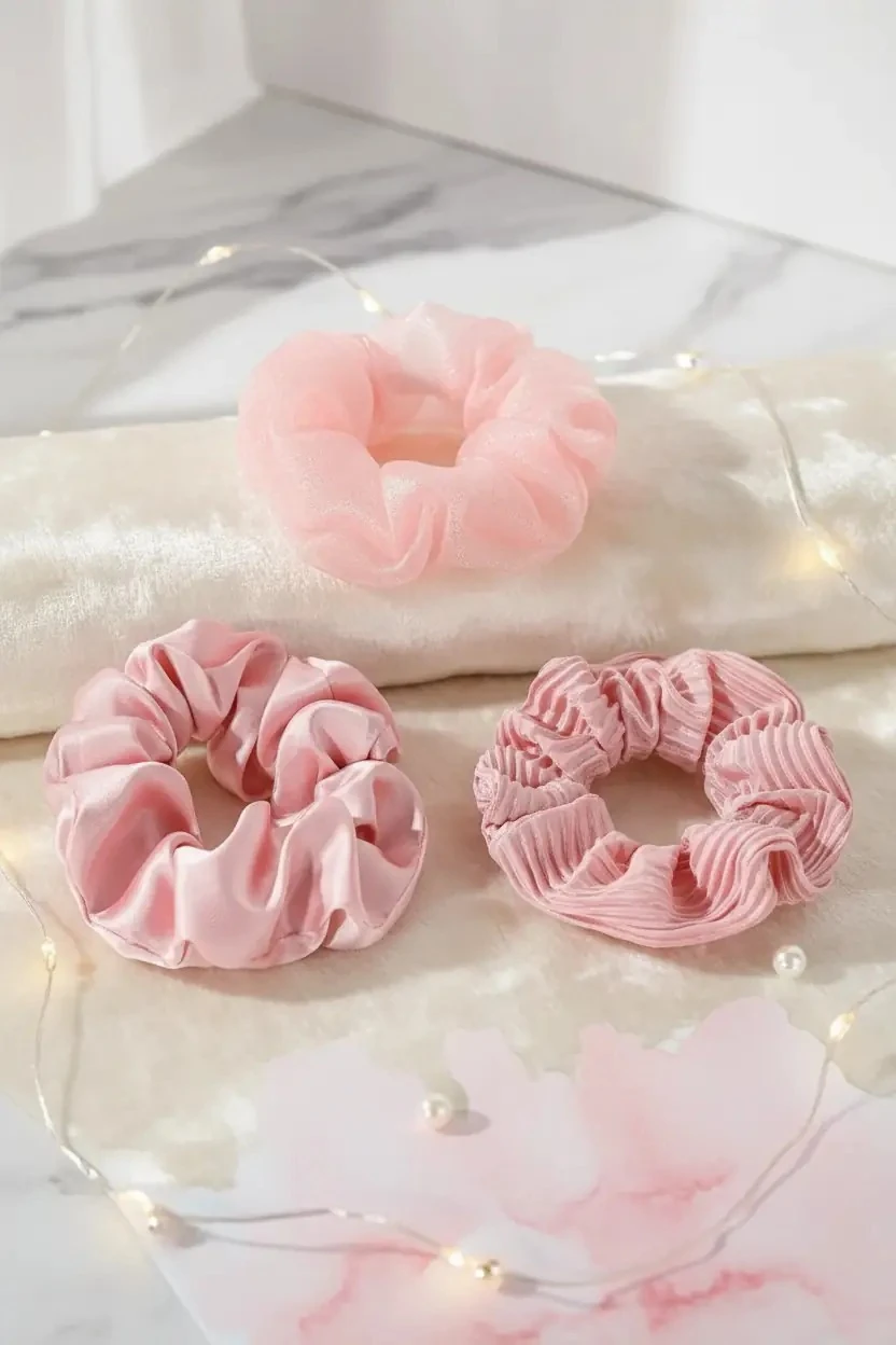 Miniso Lisanslı Büyük Kumaş Saç Lastiği 3 Parça – Pembe Hacimli Scrunchie Toka Seti 11 Cm